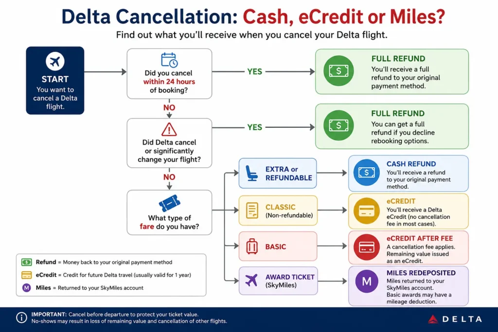 Delta Airlines cancellation policy refund eCredit and SkyMiles decision guide
