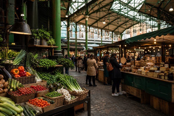Produce and artisan food stalls inside a London market
