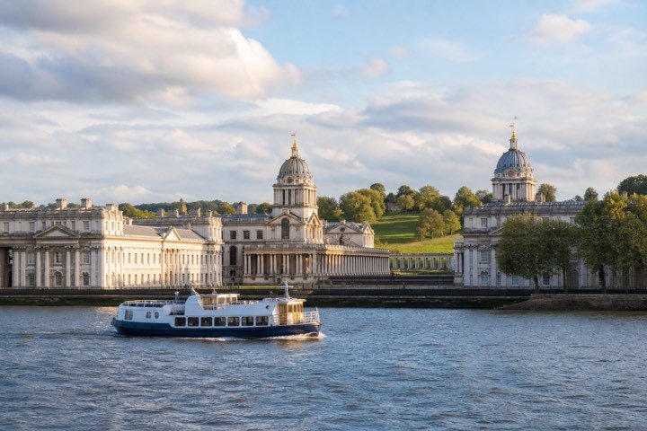 The Old Royal Naval College and a riverboat at Greenwich