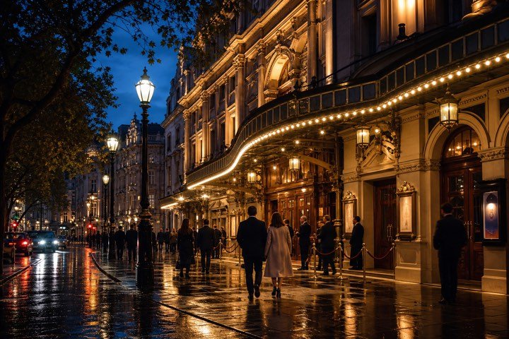 A historic West End theatre glowing at blue hour