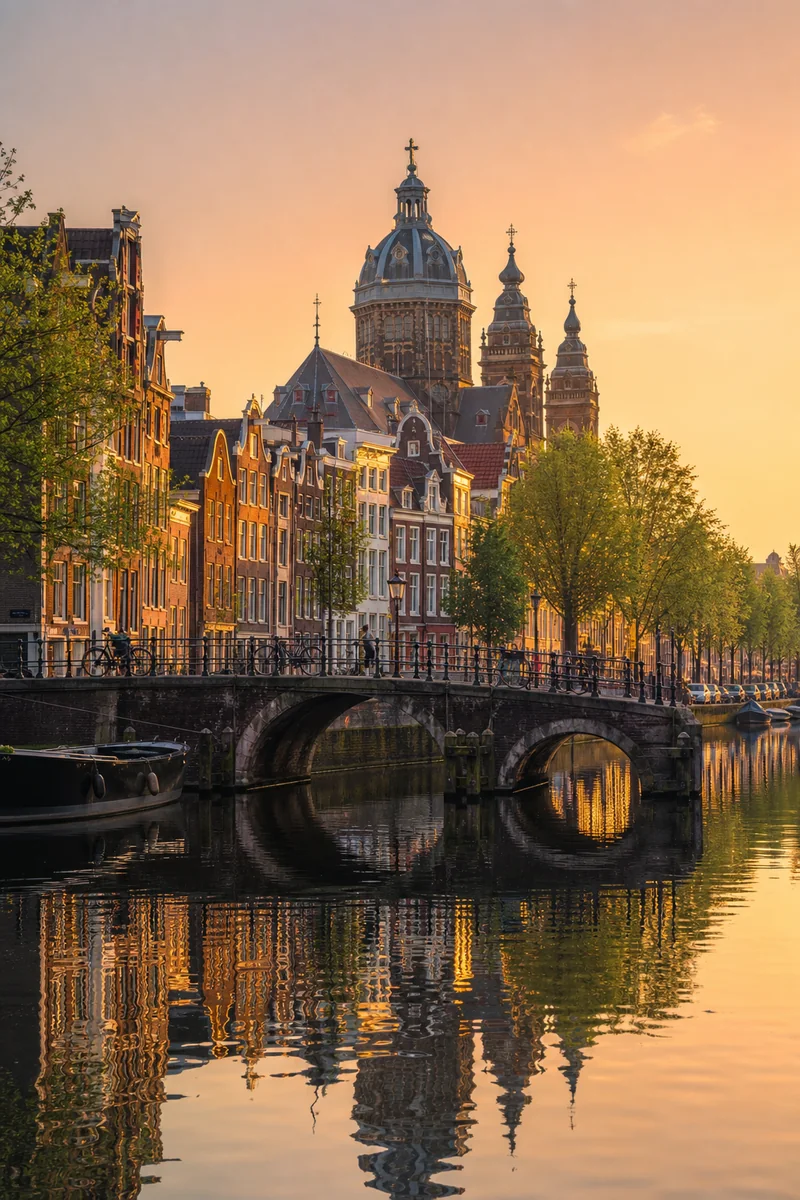 Amsterdam canal houses and a quiet canal at golden hour