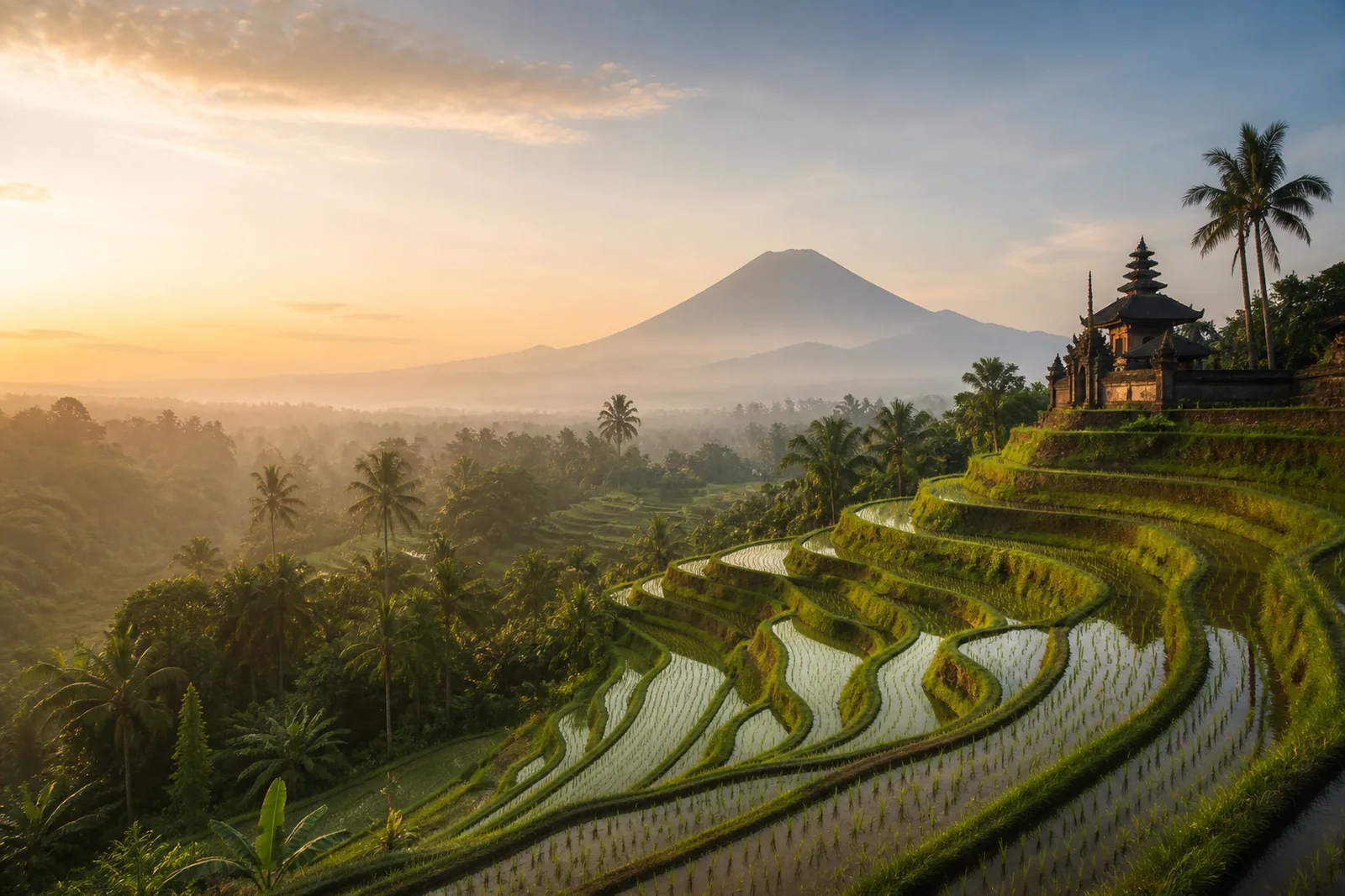 Bali rice terraces, tropical palms and temple landscape at sunrise