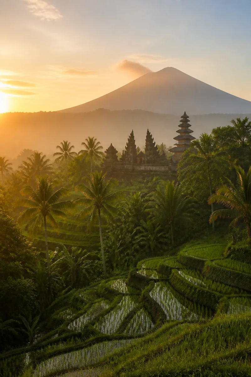 Bali rice terraces, tropical palms and temple landscape at sunrise