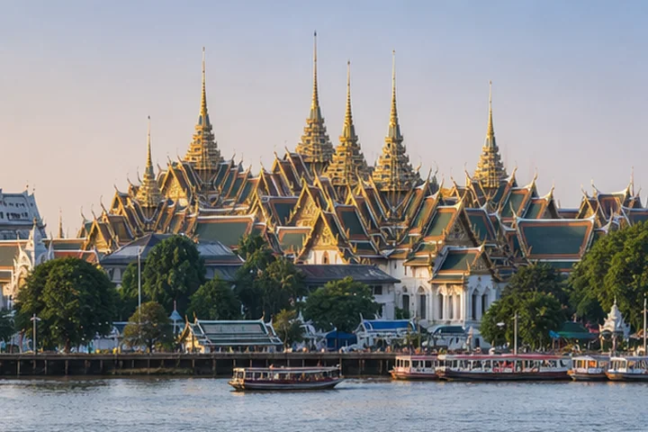 Ornate Bangkok temple architecture near the Chao Phraya River
