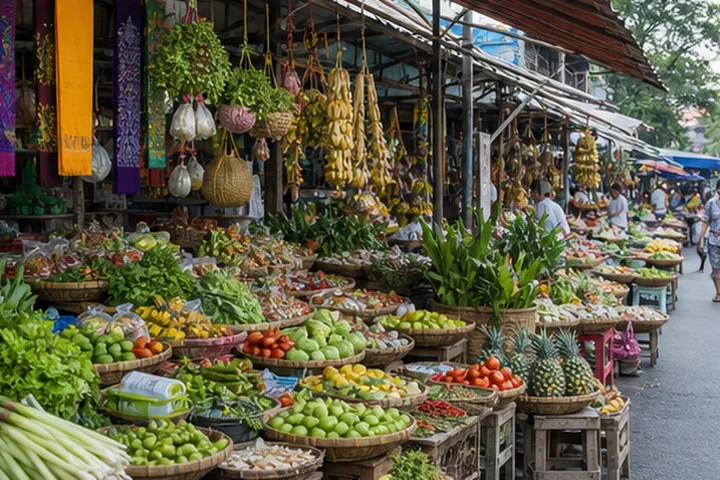 Colourful produce and textile stalls in a Bangkok market