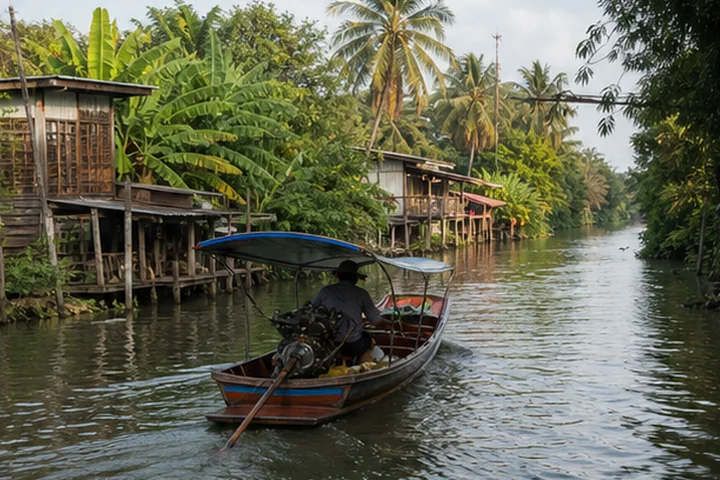 Long-tail boat on a quiet Thonburi canal in Bangkok