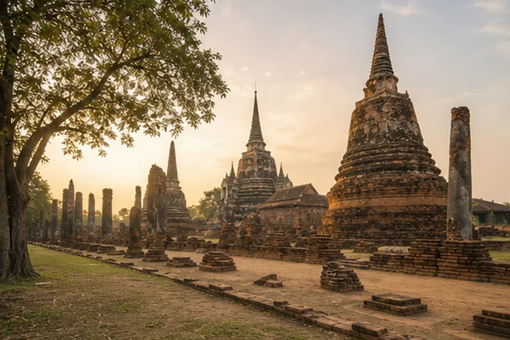 Historic brick temple ruins in Ayutthaya, Thailand