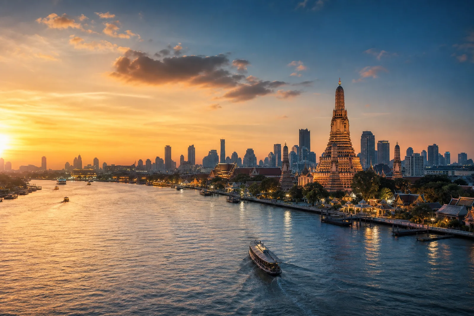 Bangkok skyline, temple silhouette and Chao Phraya River at sunset