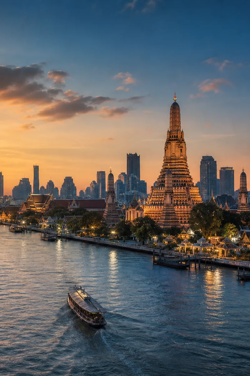 Bangkok skyline, temple silhouette and Chao Phraya River at sunset