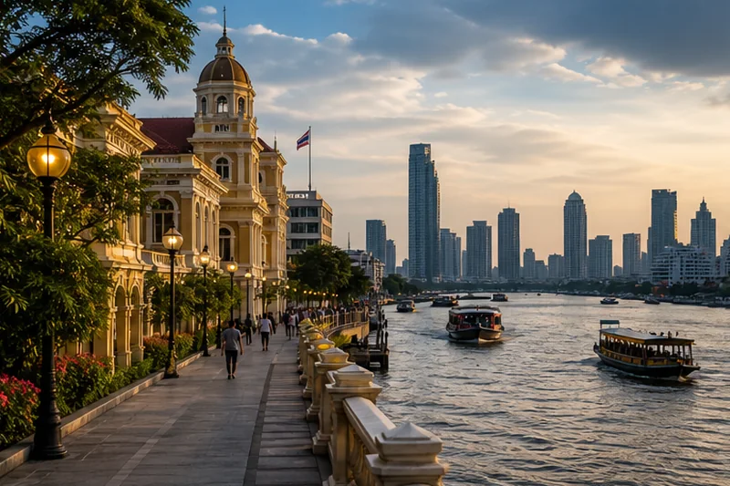Chao Phraya riverside walkway and Bangkok skyline