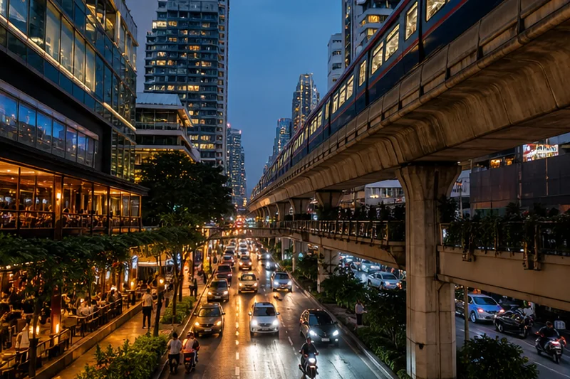 Modern Sukhumvit street and elevated transit in Bangkok