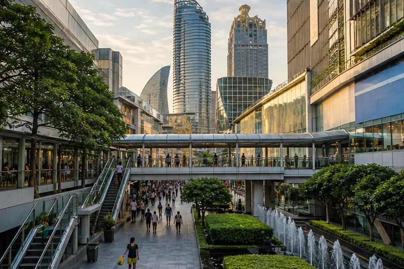 Skywalk and contemporary city architecture in central Bangkok