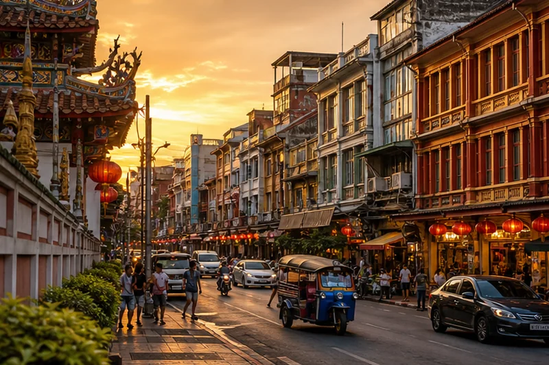 Heritage shophouses and temple details in Bangkok Chinatown
