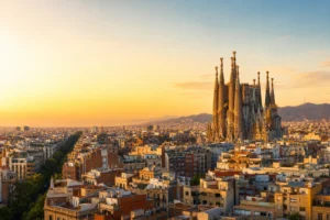 Barcelona skyline with Sagrada Família and the Mediterranean coast