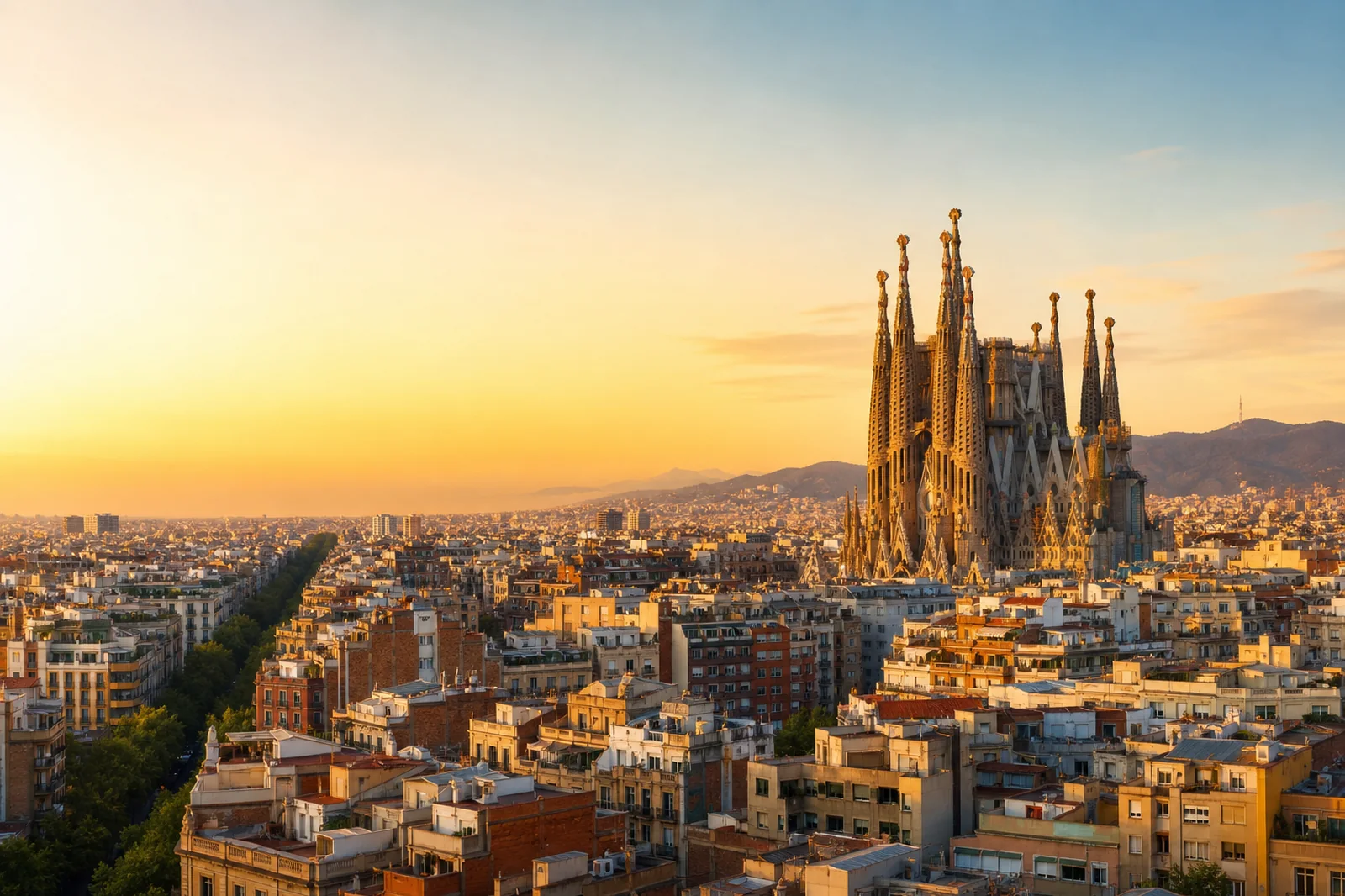 Barcelona skyline with Sagrada Família and the Mediterranean coast