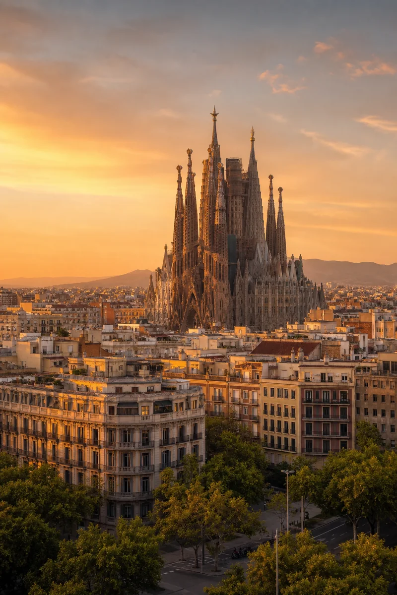 Barcelona skyline with Sagrada Família and the Mediterranean coast