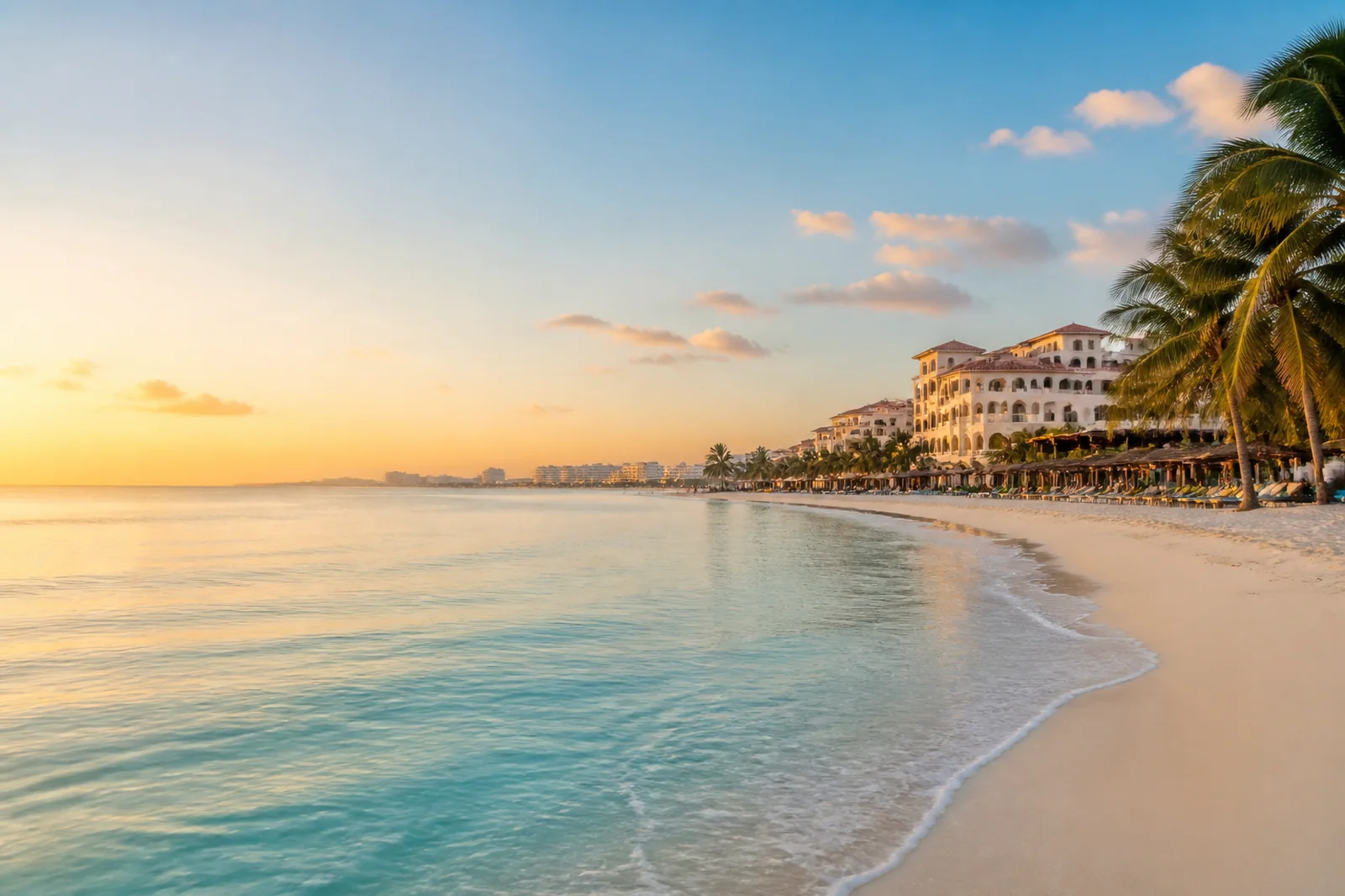 Cancun turquoise Caribbean water, white sand and resort coastline at sunrise