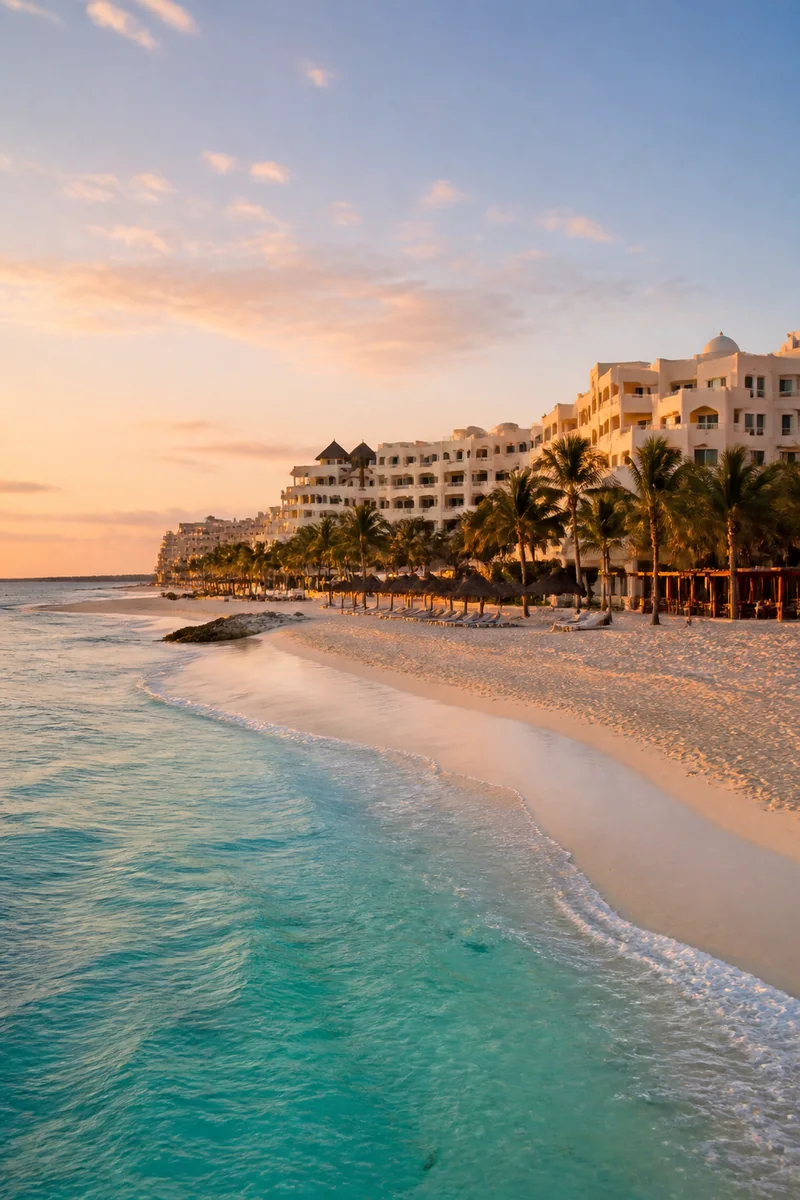 Cancun turquoise Caribbean water, white sand and resort coastline at sunrise