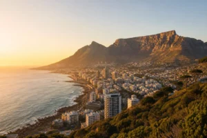 Cape Town waterfront and city beneath Table Mountain in clear coastal light