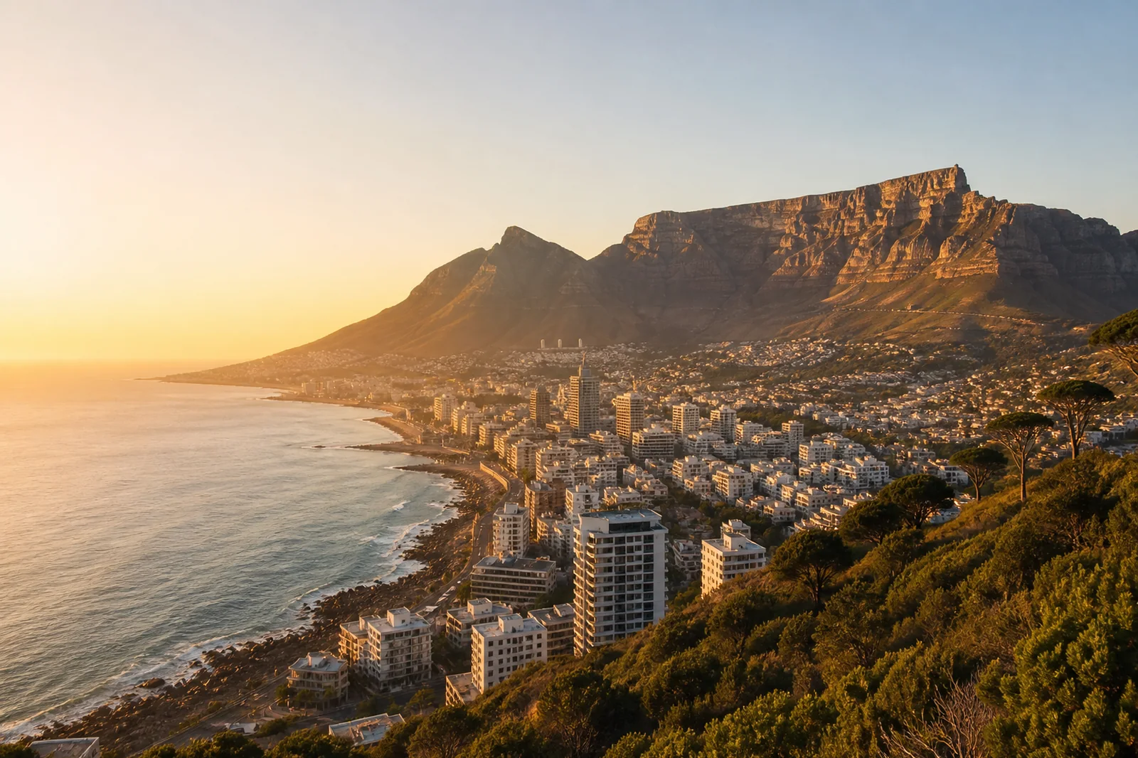 Cape Town waterfront and city beneath Table Mountain in clear coastal light
