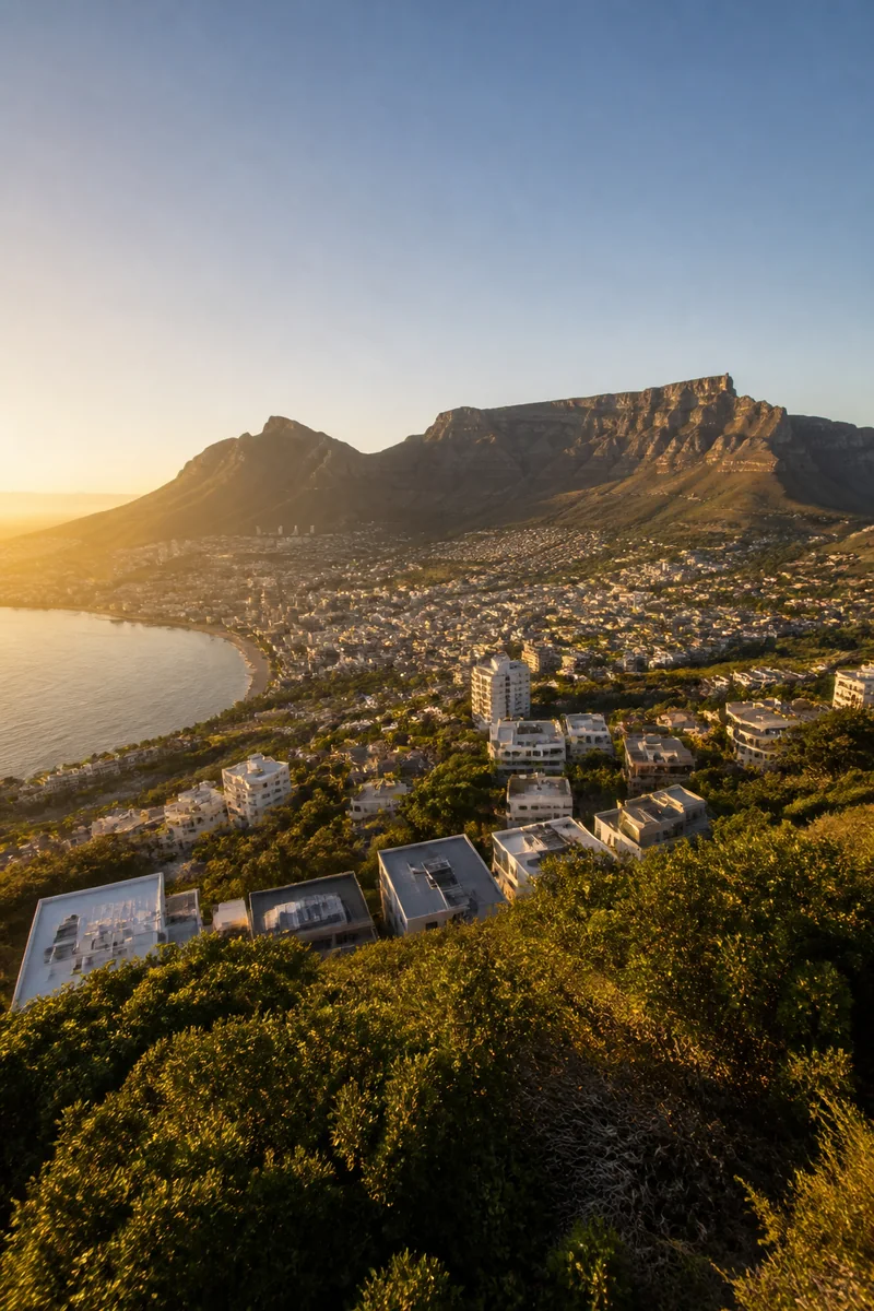 Cape Town waterfront and city beneath Table Mountain in clear coastal light