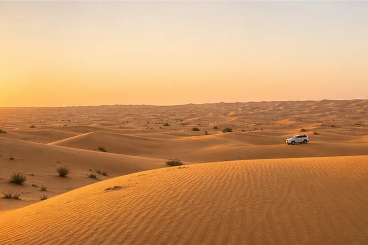 Golden desert landscape outside Dubai at sunset