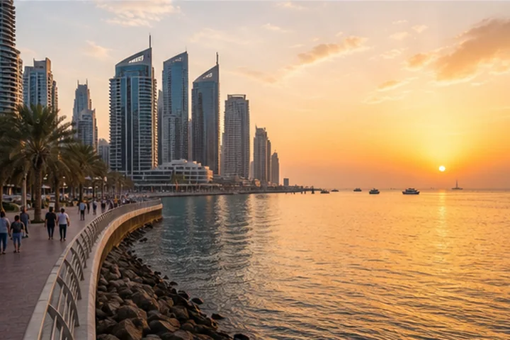 Dubai Marina and the coast at sunset