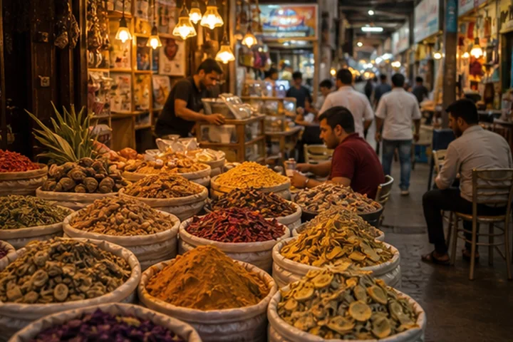 Spices and local dishes in a Dubai food neighbourhood