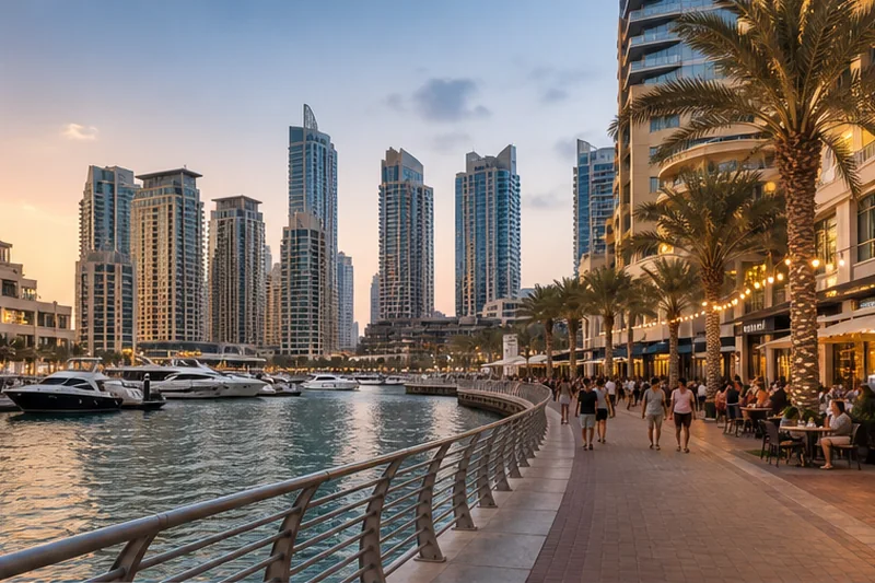 Dubai Marina and JBR promenade beside the water