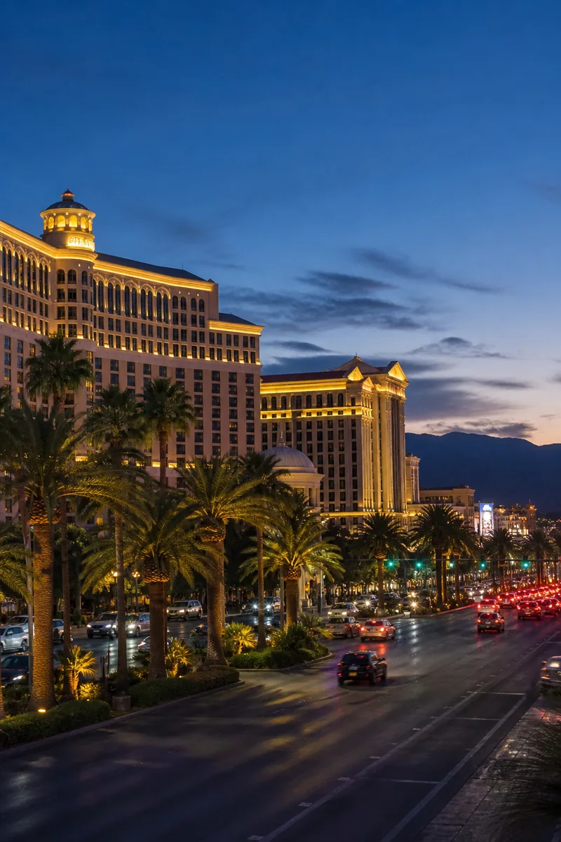 Las Vegas Strip skyline glowing at blue hour with desert mountains beyond