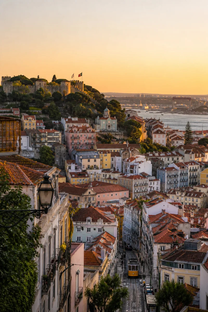 Lisbon hillside, tiled buildings and the Tagus River at golden hour