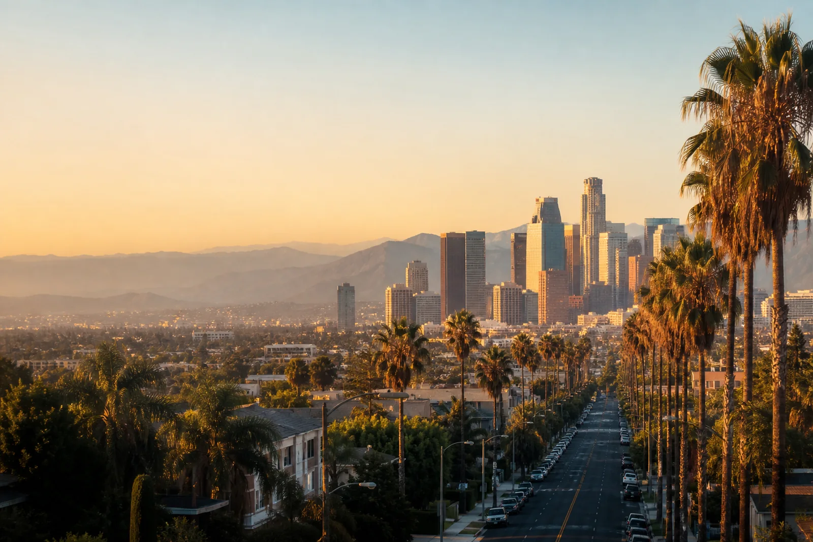 Los Angeles skyline, palm-lined street and distant hills in warm evening light