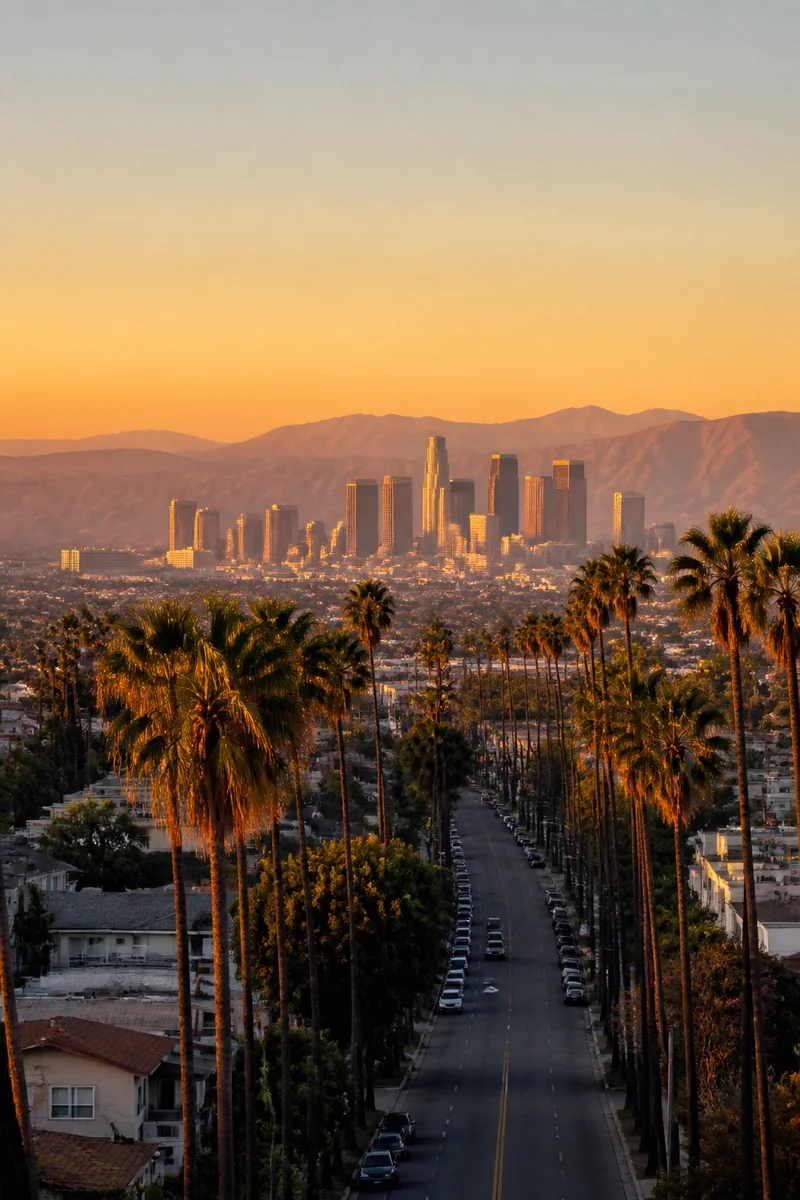Los Angeles skyline, palm-lined street and distant hills in warm evening light