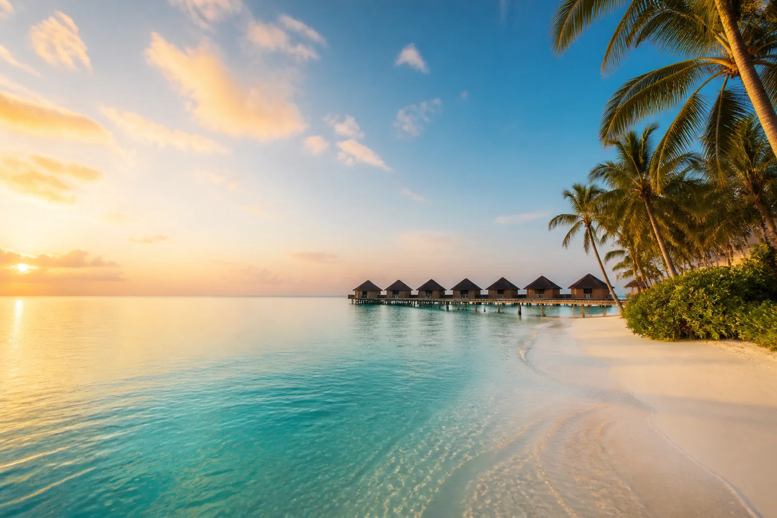 Maldives turquoise lagoon, white sand, palms and water villas at sunrise