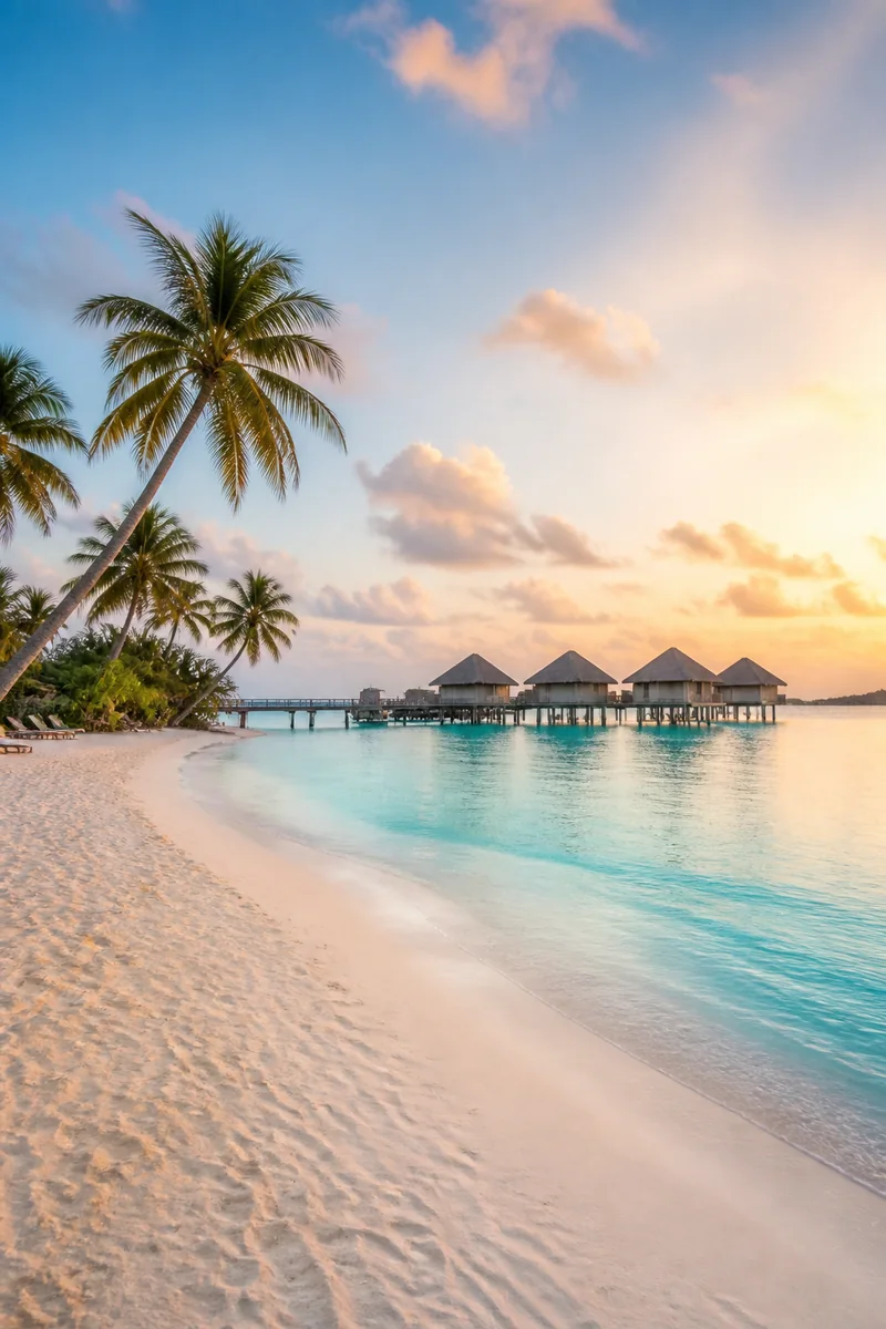 Maldives turquoise lagoon, white sand, palms and water villas at sunrise