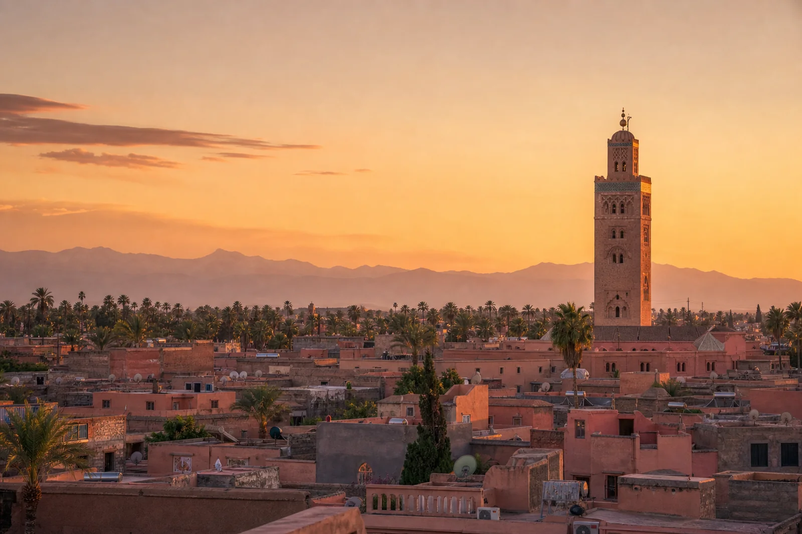 Marrakech medina rooftops and Koutoubia minaret in warm sunset light