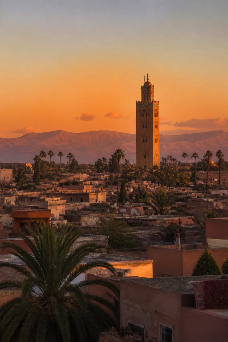 Marrakech medina rooftops and Koutoubia minaret in warm sunset light