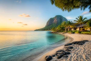 Mauritius lagoon, white-sand beach, palms and green mountain landscape in clear morning light