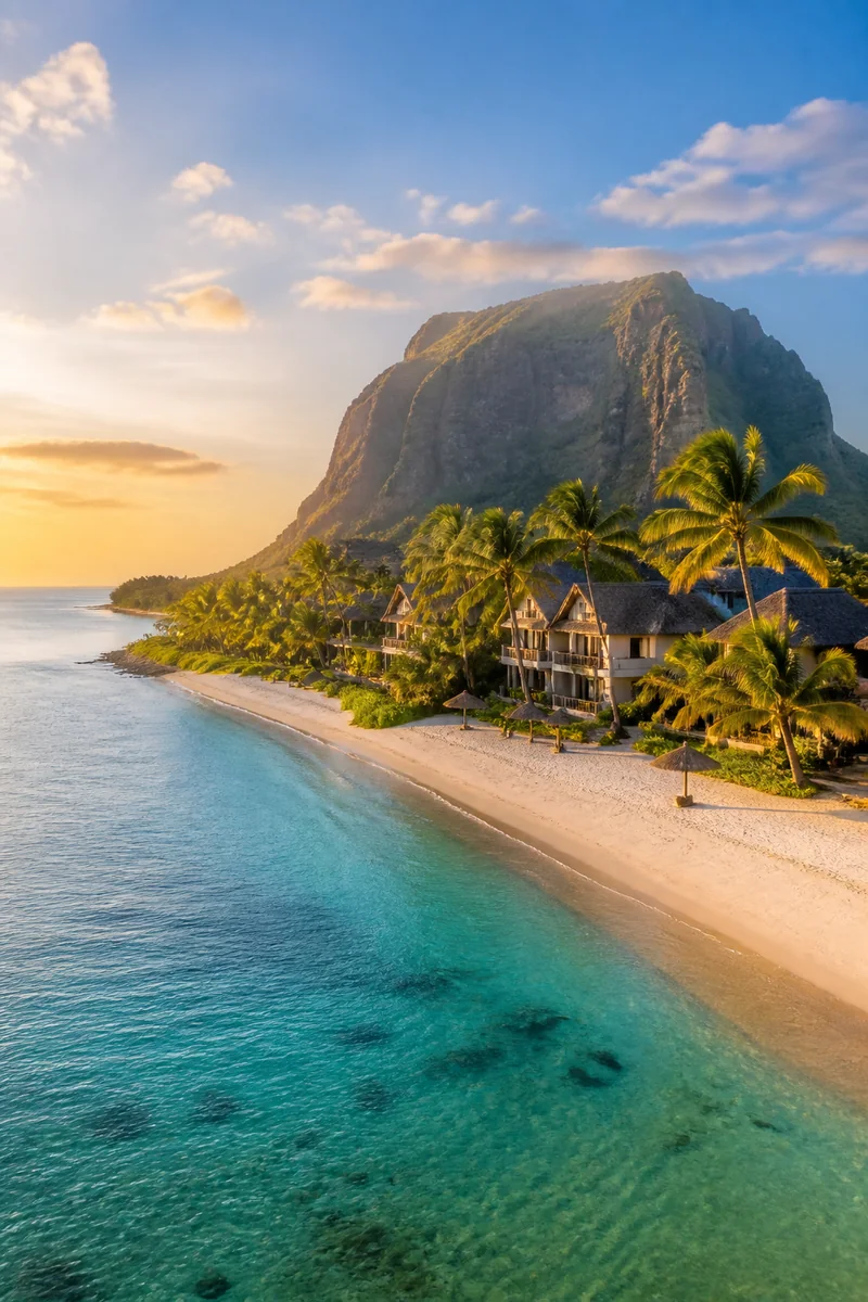 Mauritius lagoon, white-sand beach, palms and green mountain landscape in clear morning light