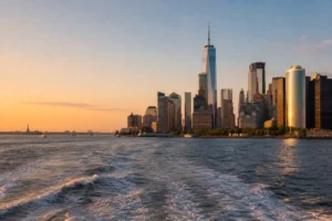 Manhattan skyline and New York Harbor at golden hour