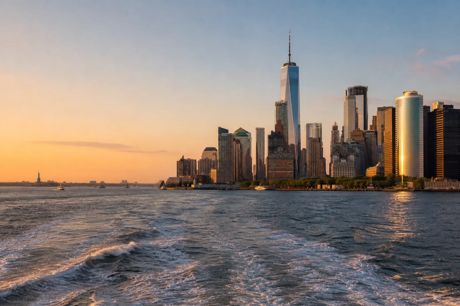 Manhattan skyline and New York Harbor at golden hour