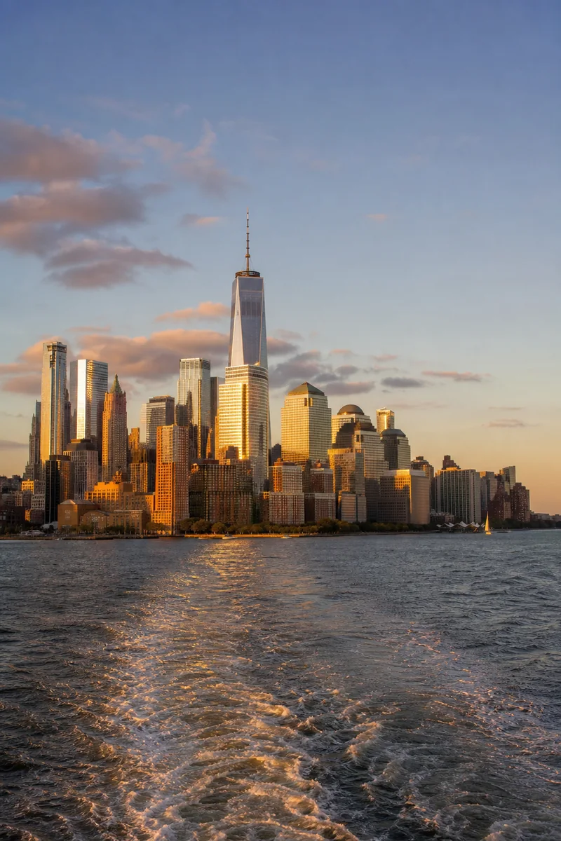 Manhattan skyline and New York Harbor at golden hour