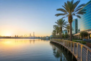 Orlando resort skyline, lake and family attractions in bright Florida light