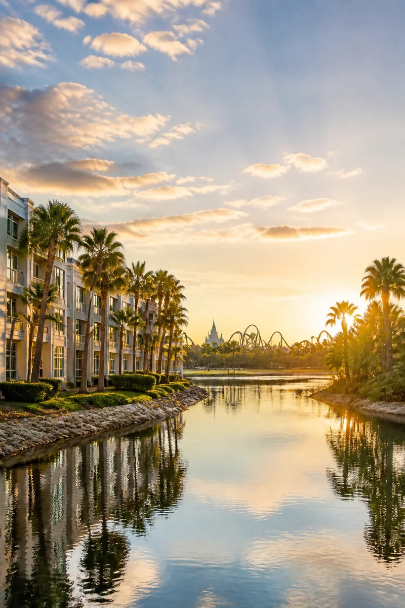 Orlando resort skyline, lake and family attractions in bright Florida light