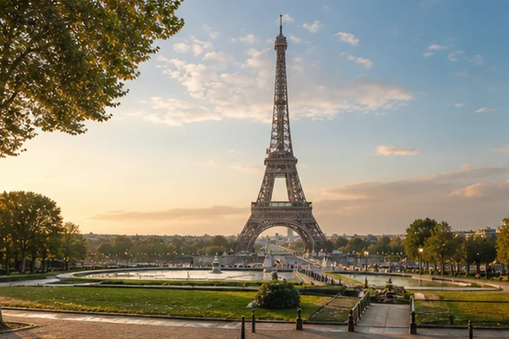 Eiffel Tower viewed from western Paris in warm afternoon light