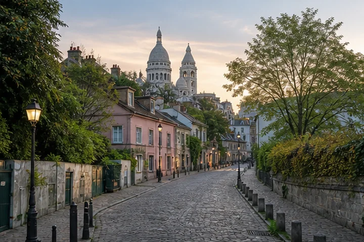 Quiet Montmartre street and Sacré-Cœur in the morning