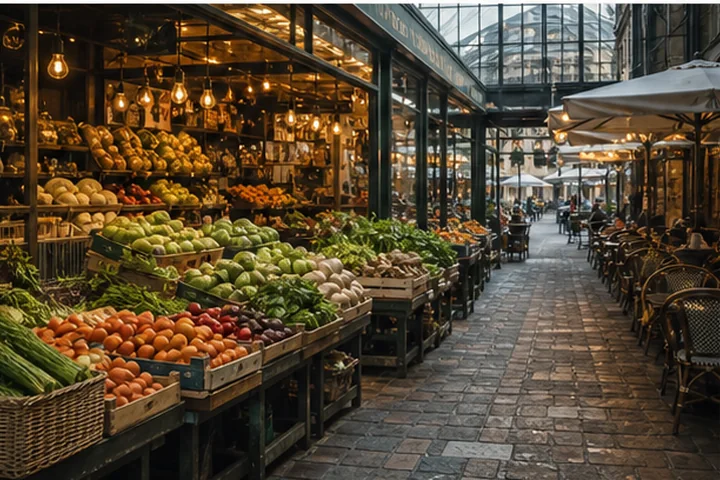 Produce and café details in a Paris food neighbourhood
