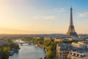 Paris skyline with the Seine and Eiffel Tower at golden hour
