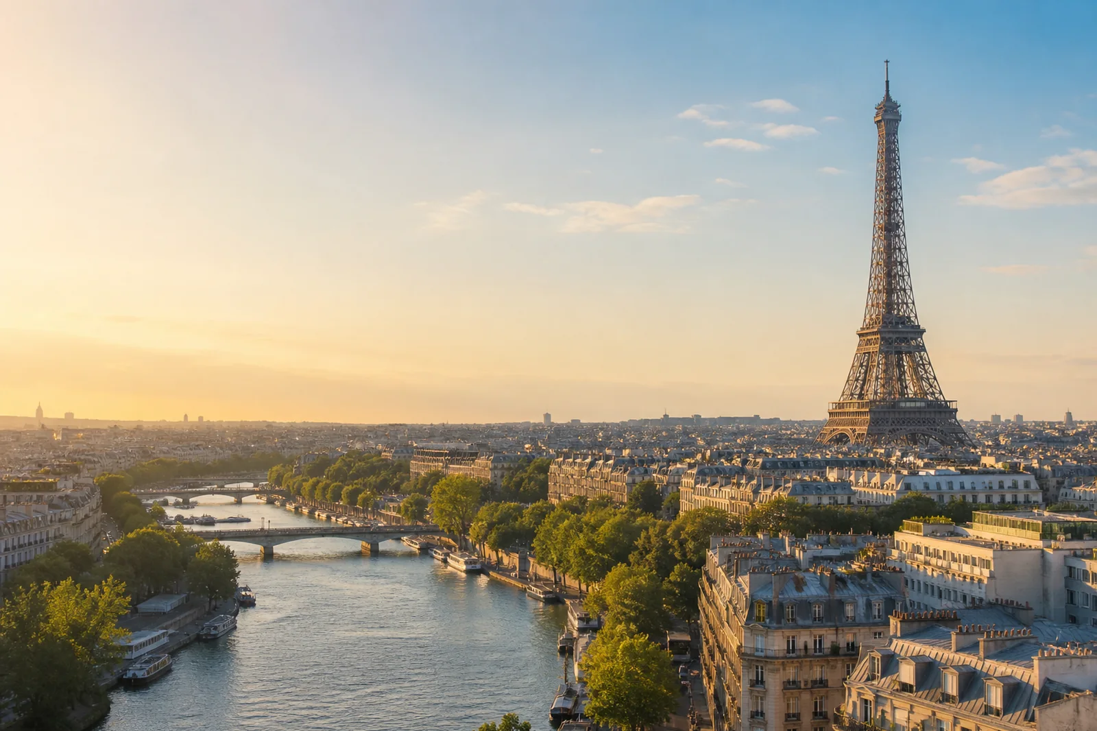 Paris skyline with the Seine and Eiffel Tower at golden hour