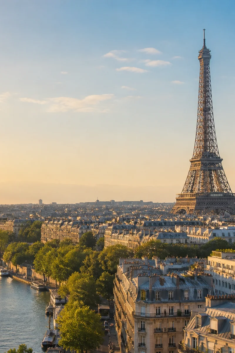 Paris skyline with the Seine and Eiffel Tower at golden hour